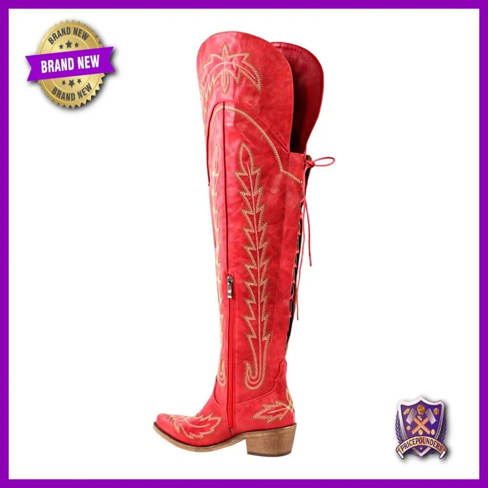 Western Cowboy Boots Thigh High Wide Calf Embroidered Chunky Heel Y2K
